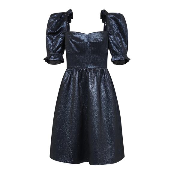 NWT Saloni Rachel D Knee Dress in Metallic Midnight Size 6 Metallic Puff Sleeve - Picture 1 of 16